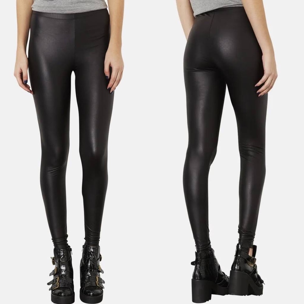 Topshop Leather Leggings high rise Black size 0 side zip, Vegan Leather